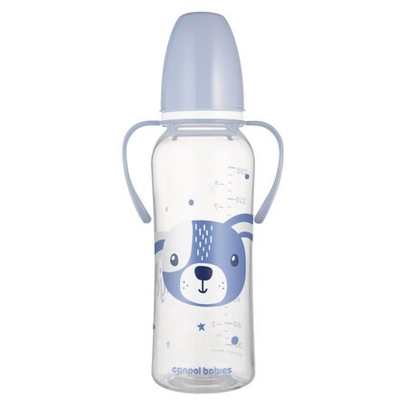 CANPOL 11/845 Butelka standardowa z uchwytami 250ml CUTE ANIMALS niebieska CANPOL 11/845 Butelka standardowa z uchwytami 250ml CUTE ANIMALS niebieska