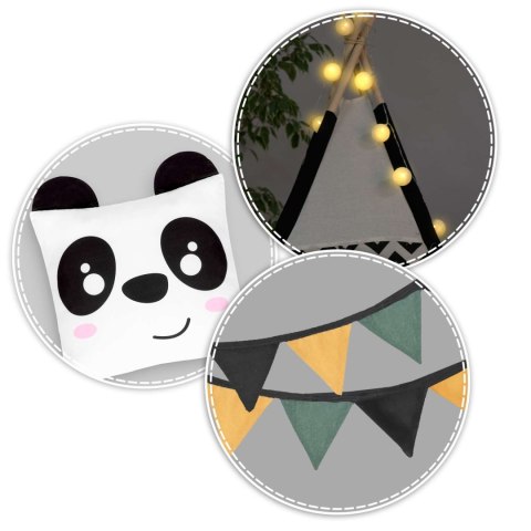 Nukido Namiot tipi dla dzieci z girlandą i światełkami Nukido biało czarny z pandą Nukido Namiot tipi dla dzieci z girlandą i światełkami Nukido biało czarny z pandą