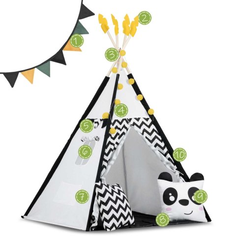Nukido Namiot tipi dla dzieci z girlandą i światełkami Nukido biało czarny z pandą Nukido Namiot tipi dla dzieci z girlandą i światełkami Nukido biało czarny z pandą